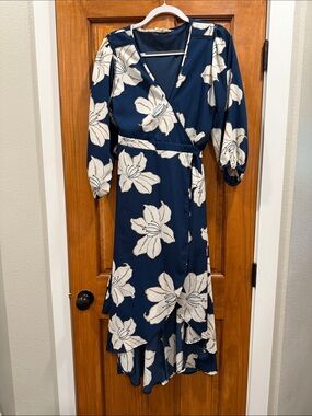 entro Navy Floral High-Low Wrap Dress with Cream Blooms
